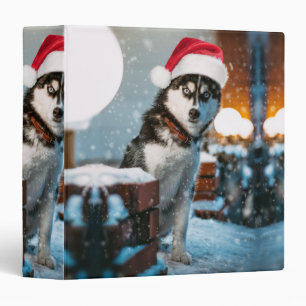 Siberian Husky dog wearing santa hat 3 Ring Binder