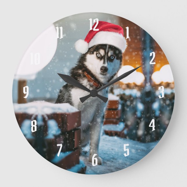 Siberian Husky dog wearing santa hat Large Clock (Front)