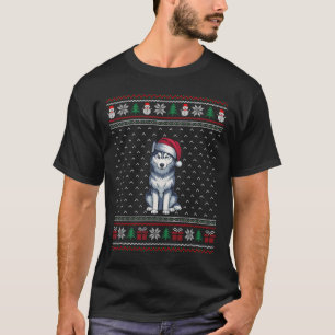 Siberian Husky Dog Wearing Santa Hat Ugly Xmas Dog T-Shirt