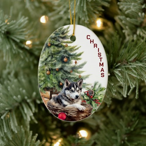 Siberian Husky Dog Wicker Basket Christmas Ceramic Ornament