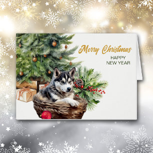 Siberian Husky Dog Wicker Basket Christmas Tree Cards