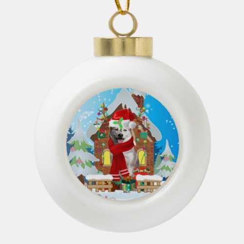 Siberian Husky dog with Christmas gifts Ceramic Ball Christmas Ornament