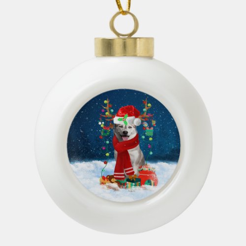 Siberian Husky dog with Christmas gifts Ceramic Ball Christmas Ornament