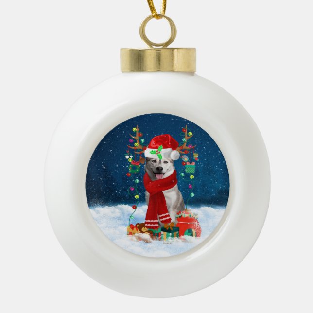 Siberian Husky dog with Christmas gifts Ceramic Ball Christmas Ornament (Front)