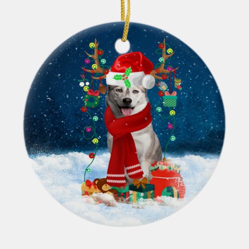 Siberian Husky dog with Christmas gifts  Ceramic Ornament
