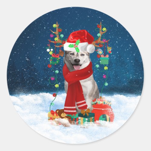 Siberian Husky dog with Christmas gifts  Classic Round Sticker