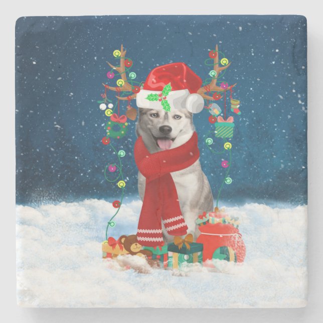 Siberian Husky dog with Christmas gifts  Stone Coaster (Front)
