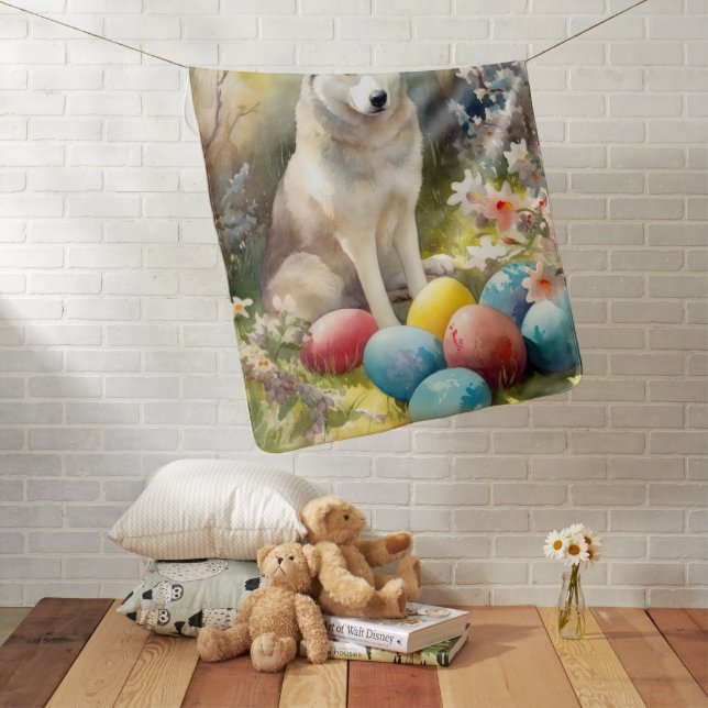 Siberian Husky Dog with Easter Eggs Holiday  Baby Blanket (In Situ)