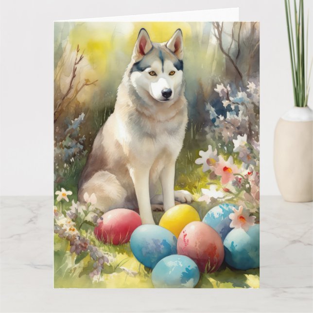 Siberian Husky Dog with Easter Eggs Holiday  Card (Front)