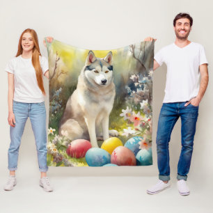 Siberian Husky Dog with Easter Eggs Holiday Fleece Blanket