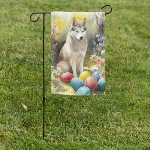 Siberian Husky Dog with Easter Eggs Holiday  Garden Flag