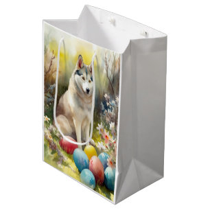 Siberian Husky Dog with Easter Eggs Holiday Medium Gift Bag