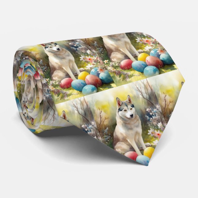 Siberian Husky Dog with Easter Eggs Holiday  Neck Tie (Rolled)