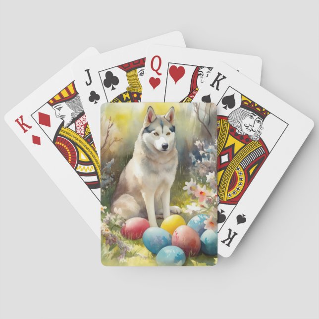 Siberian Husky Dog with Easter Eggs Holiday  Poker Cards (Back)
