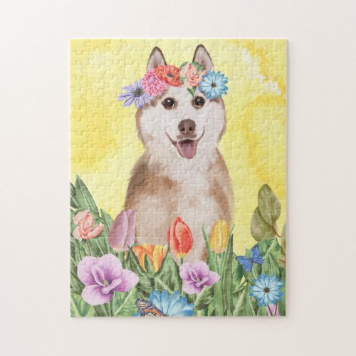 Siberian Husky Dog with Flowers Spring Jigsaw Puzzle