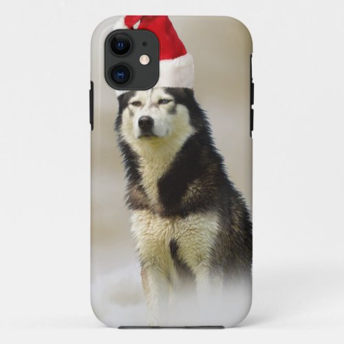 Siberian Husky Dog with Santa Hat in Snow iPhone 11 Case