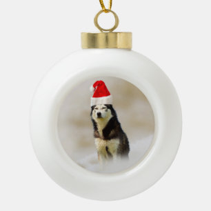 Siberian Husky Dog with Santa Hat in Snow Ceramic Ball Christmas Ornament