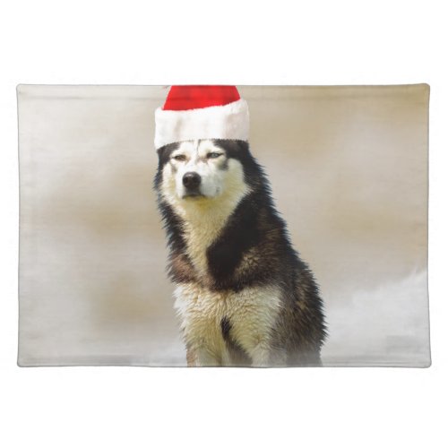 Siberian Husky Dog with Santa Hat in Snow Cloth Placemat