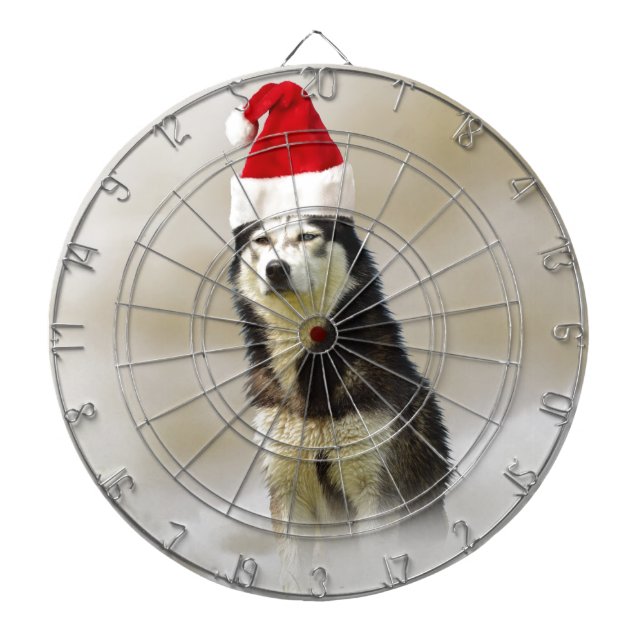 Siberian Husky Dog with Santa Hat in Snow Dartboard With Darts (Front)