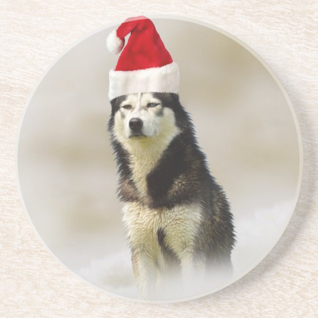 Siberian Husky Dog with Santa Hat in Snow Drink Coaster (Front)