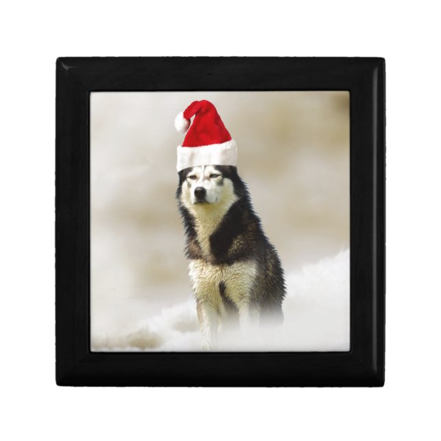 Siberian Husky Dog with Santa Hat in Snow Jewelry Box (Front)