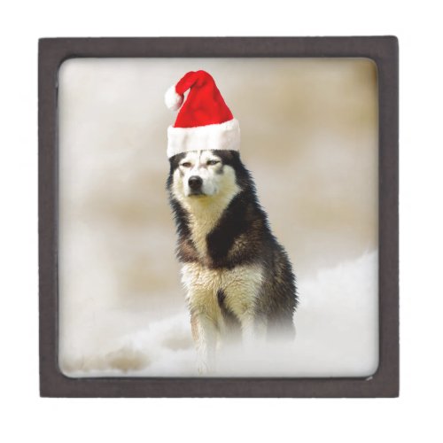 Siberian Husky Dog with Santa Hat in Snow Keepsake Box