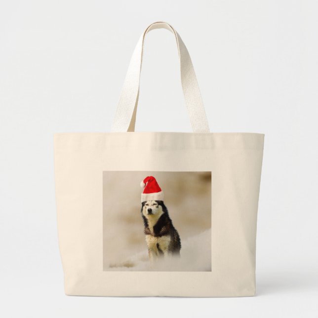 Siberian Husky Dog with Santa Hat in Snow Large Tote Bag (Front)