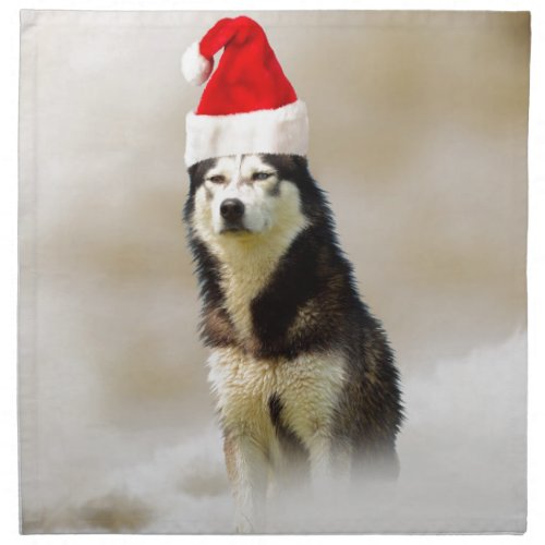 Siberian Husky Dog with Santa Hat in Snow Napkin