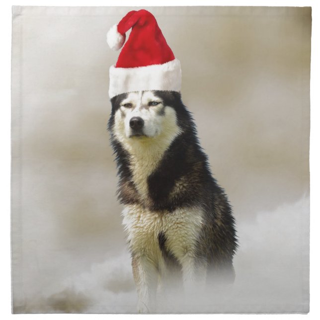 Siberian Husky Dog with Santa Hat in Snow Napkin (Front)