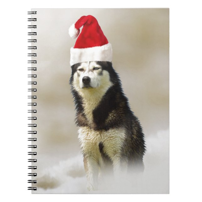 Siberian Husky Dog with Santa Hat in Snow Notebook (Front)