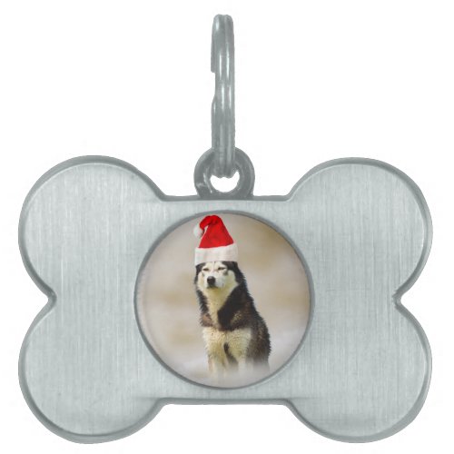 Siberian Husky Dog with Santa Hat in Snow Pet ID Tag