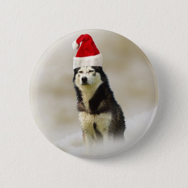 Siberian Husky Dog with Santa Hat in Snow Pinback Button (Front)