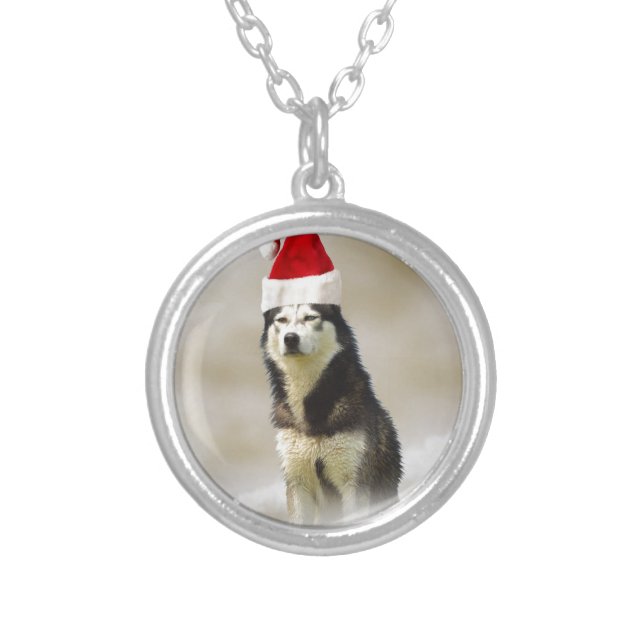 Siberian Husky Dog with Santa Hat in Snow Silver Plated Necklace (Front)