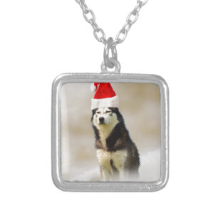 Siberian Husky Dog with Santa Hat in Snow Silver Plated Necklace