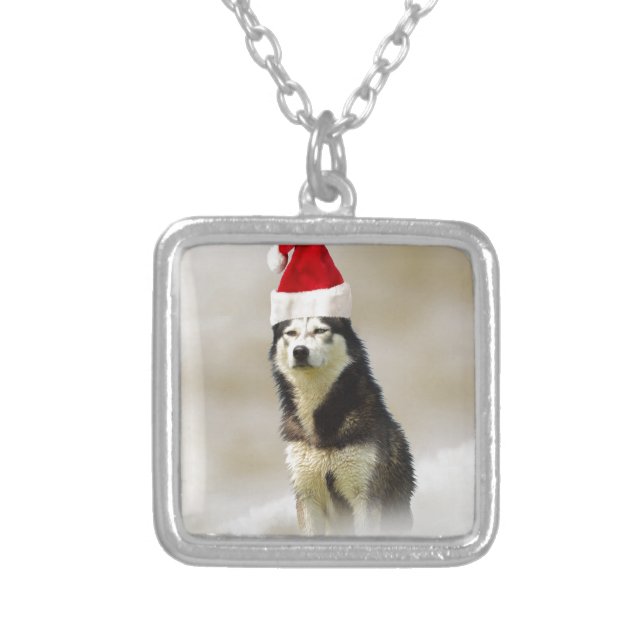 Siberian Husky Dog with Santa Hat in Snow Silver Plated Necklace (Front)
