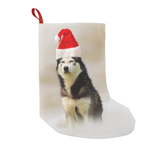 Siberian Husky Dog with Santa Hat in Snow Small Christmas Stocking