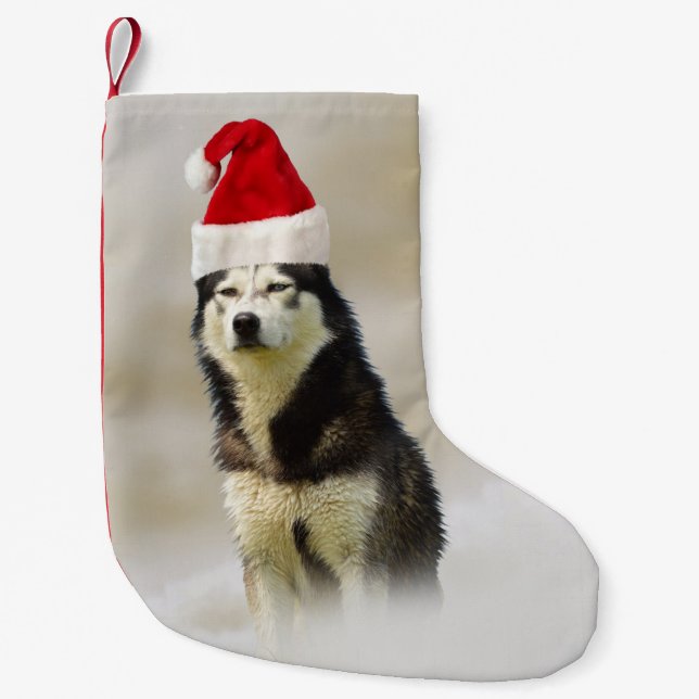 Siberian Husky Dog with Santa Hat in Snow Small Christmas Stocking (Front)