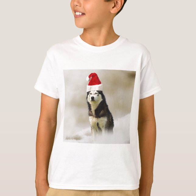 Siberian Husky Dog with Santa Hat in Snow T-Shirt (Front)