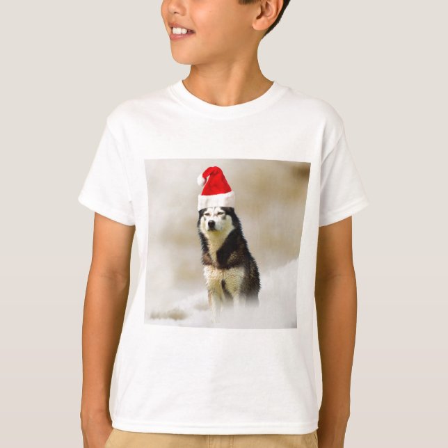 Siberian Husky Dog with Santa Hat in Snow T-Shirt (Front)