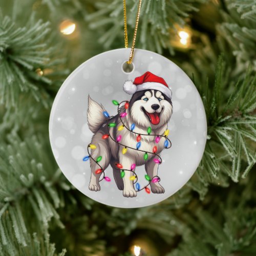 Siberian Husky Dog Wrapped in Christmas Lights  Ceramic Ornament