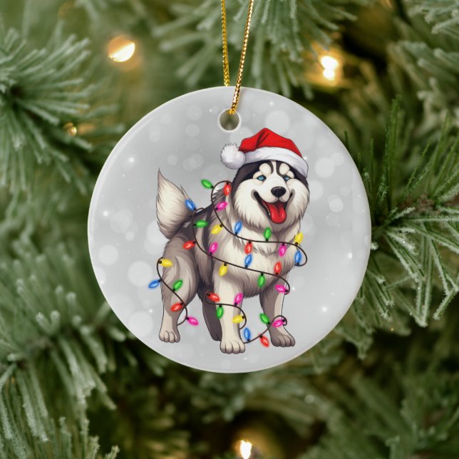 Siberian Husky Dog Wrapped in Christmas Lights  Ceramic Ornament (Tree)