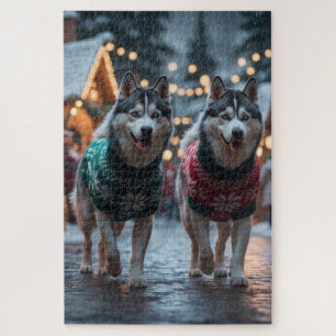 Siberian Husky Dogs Christmas Snow Holiday Jigsaw Puzzle
