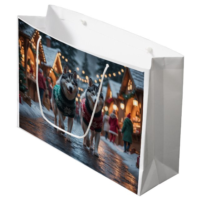 Siberian Husky Dogs Christmas Snow Holiday  Large Gift Bag (Front Angled)