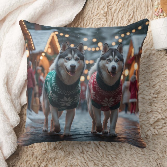 Siberian Husky Dogs Christmas Snow Holiday  Throw Pillow (Blanket)
