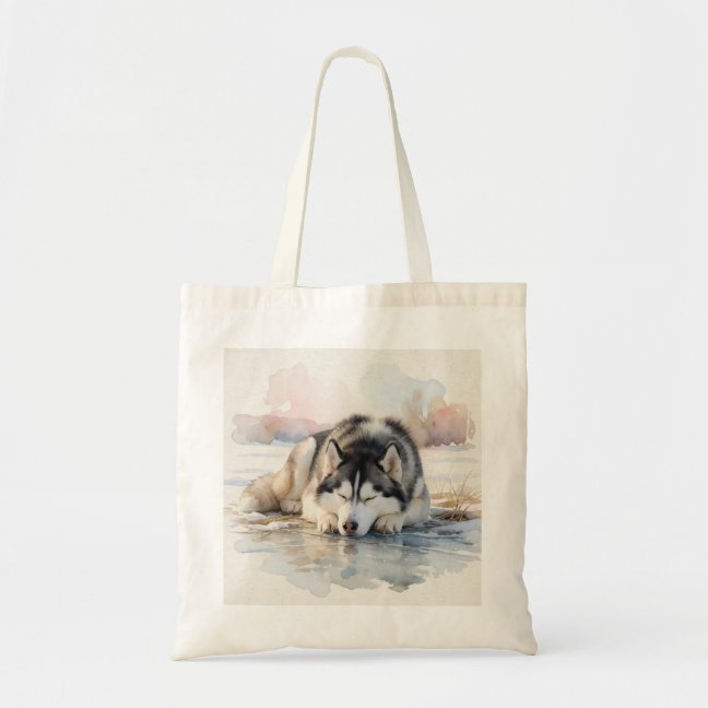 Siberian Husky Dozing On The Frozen Riverbank Tote Bag