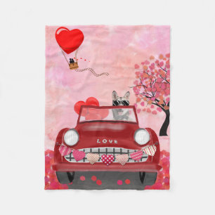 Siberian Husky Driving Car with Hearts Fleece Blanket