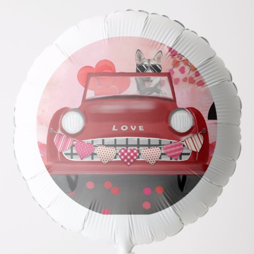 Siberian Husky Driving Car with Hearts Valentines Balloon