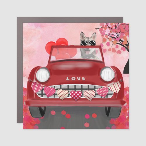 Siberian Husky Driving Car with Hearts Valentines Car Magnet