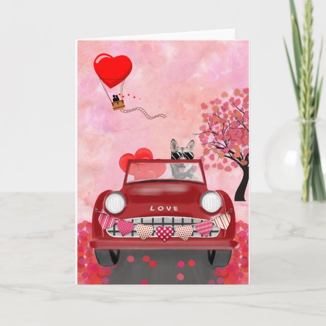 Siberian Husky Driving Car with Hearts Valentine's Card (Front)