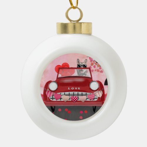 Siberian Husky Driving Car with Hearts Valentines Ceramic Ball Christmas Ornament